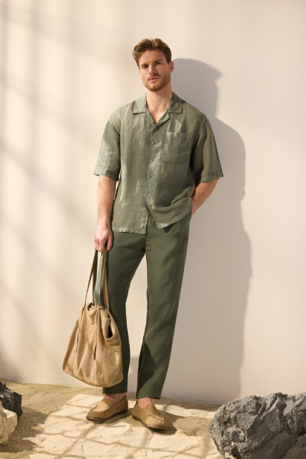 Haki %100 Keten Oversize Fit Gömlek TMNSS24GO00059 - 3