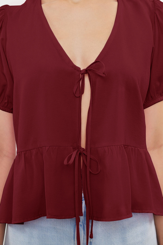 Bordo Bağlamalı Dokuma Gömlek TWOSS24GO00237 - 3