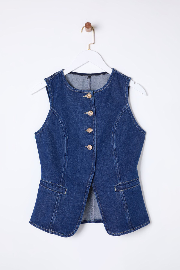 More Sustainable Koyu Mavi Gold Düğmeli Dikiş Detaylı Denim Yelek TWOSS25YE00001 - 6