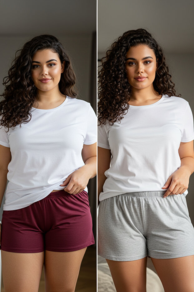Bordo-Bej Melanj Örme 2'li Büyük Beden Pijama Altı TEDSS25IA00000 - 1