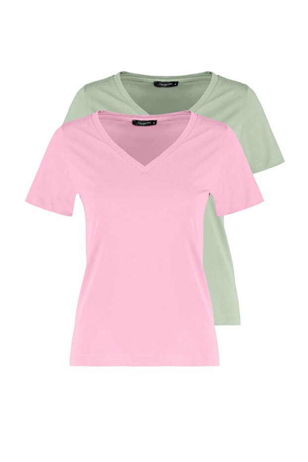 Pembe-Mint %100 Pamuk 2'li Paket Basic V Yaka Örme T-Shirt TWOSS23TS00002 - 18