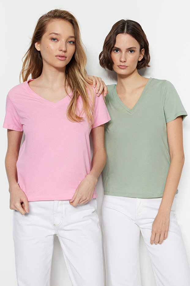 Pembe-Mint %100 Pamuk 2'li Paket Basic V Yaka Örme T-Shirt TWOSS23TS00002 - 1