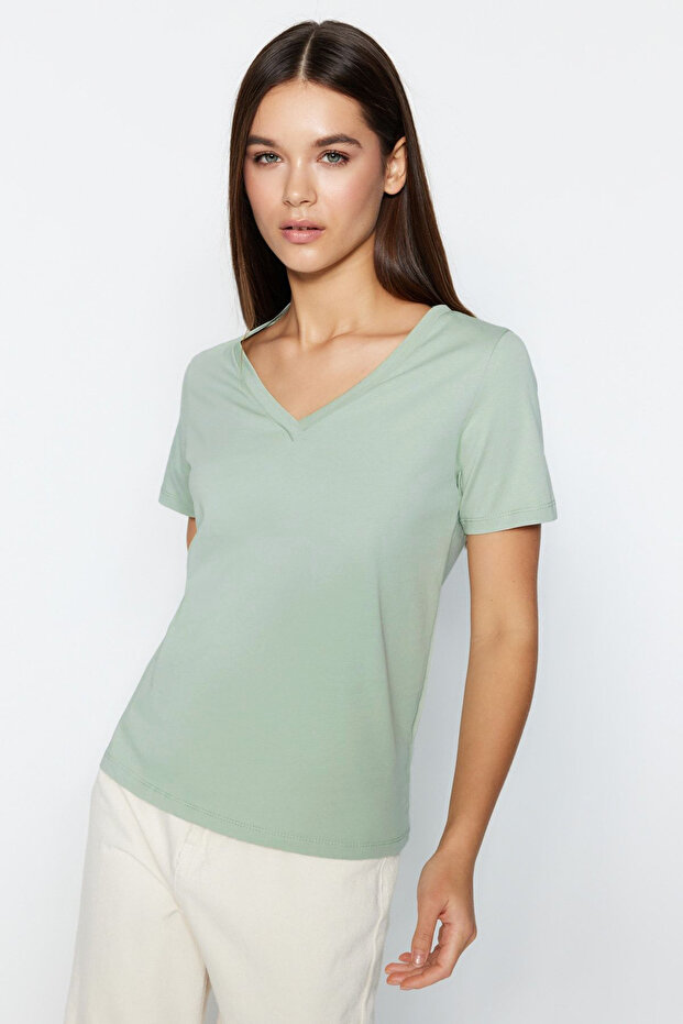 Pembe-Mint %100 Pamuk 2'li Paket Basic V Yaka Örme T-Shirt TWOSS23TS00002 - 7