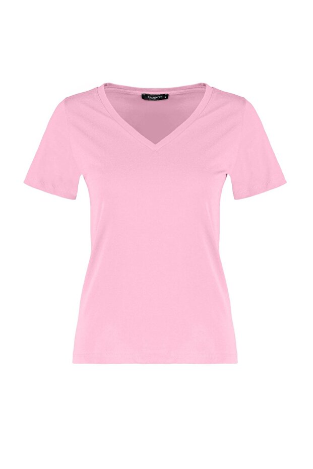 Pembe-Mint %100 Pamuk 2'li Paket Basic V Yaka Örme T-Shirt TWOSS23TS00002 - 11