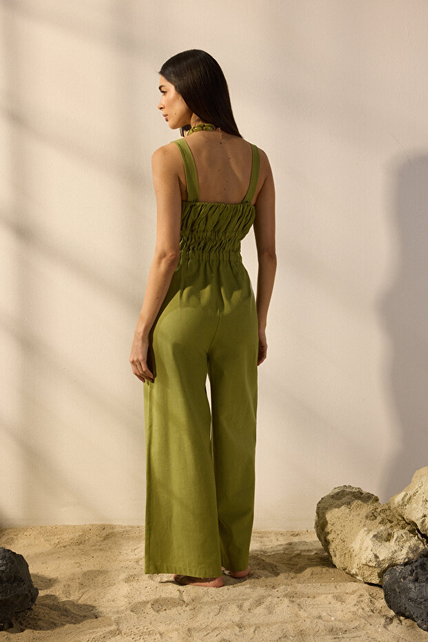 Haki Keten Karışımlı Geniş Paça Kare Yaka Lastik Detaylı Tulum TWOSS25TU00050 - 3