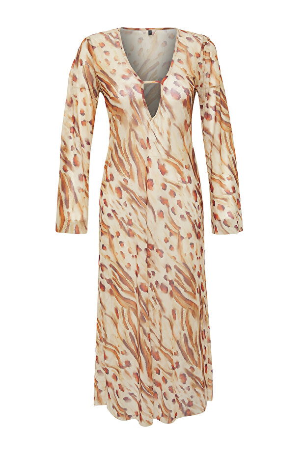 Leopar Desenli Örme Cut Out Detaylı Maxi Plaj Elbise TBESS25EL00116 - 5
