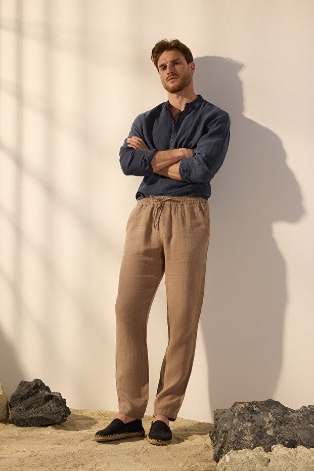 Bej %100 Keten Regular Fit Pantolon TMNSS24PL00018 - 2