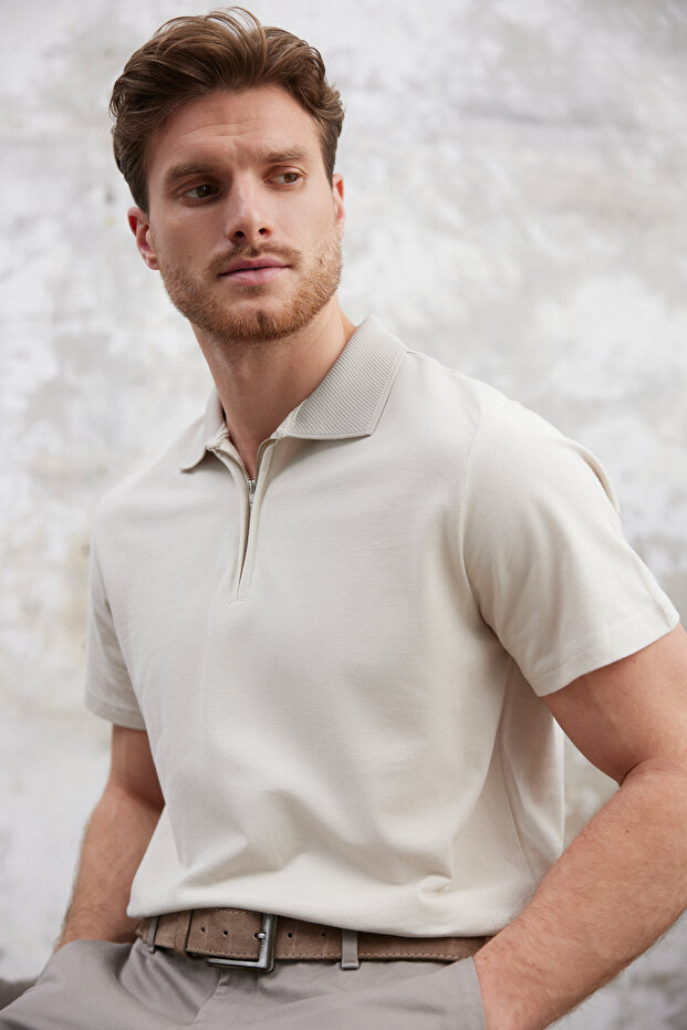 Taş Regular/Normal Kesim Fermuarlı %100 Pamuk Polo Yaka T-shirt TMNSS25PO00041 - 1