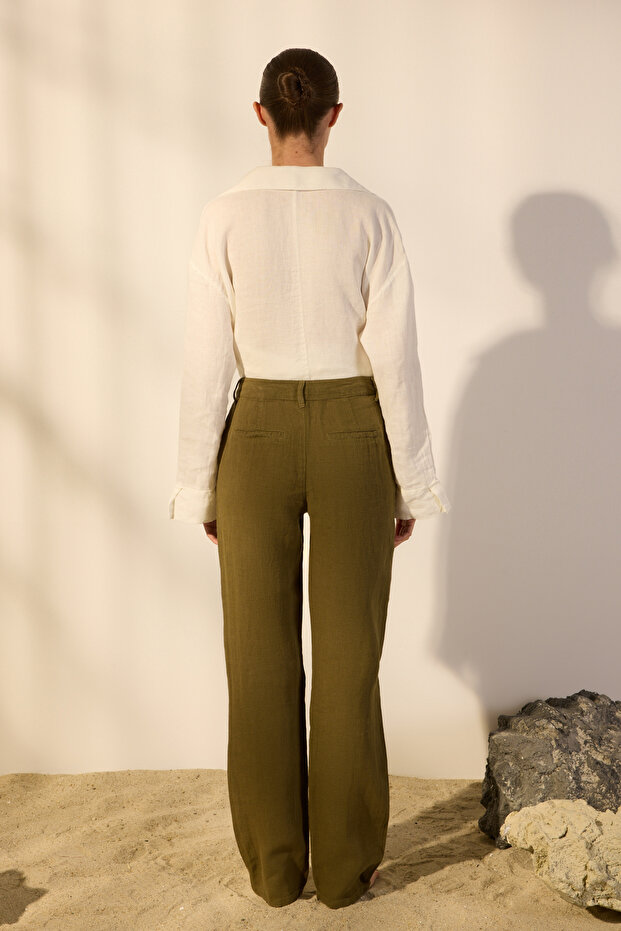 Haki %100 Keten Yüksek Bel Wide Leg Pantolon TWOSS24JE00246 - 4