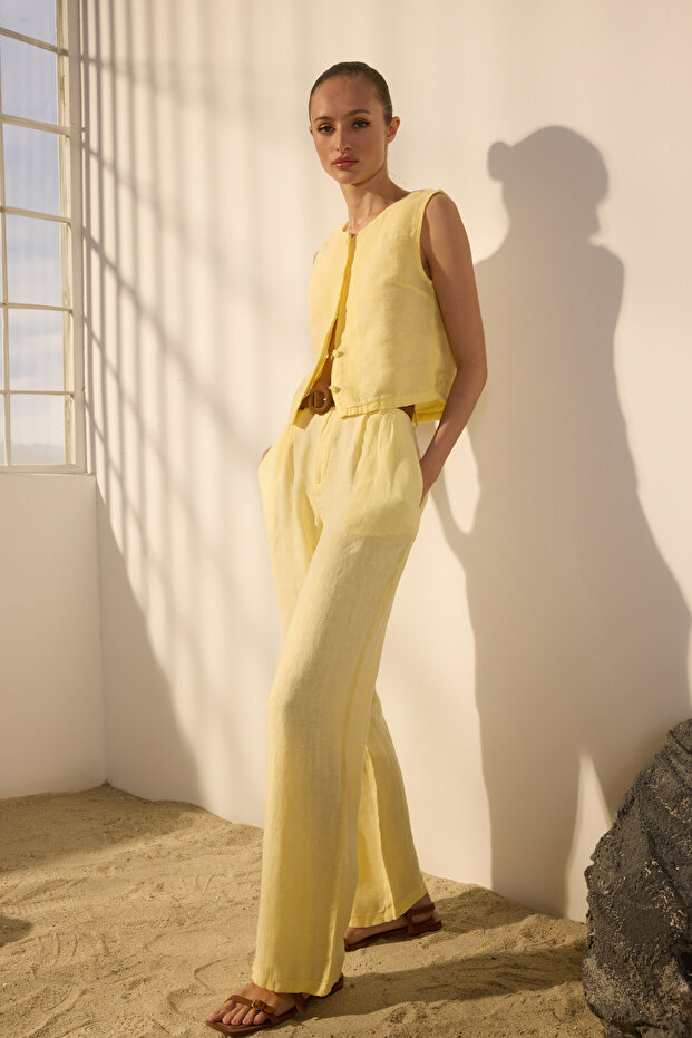 Sarı %100 Keten Pileli Yüksek Bel Wide Leg Pantolon TWOSS24JE00245 - 2