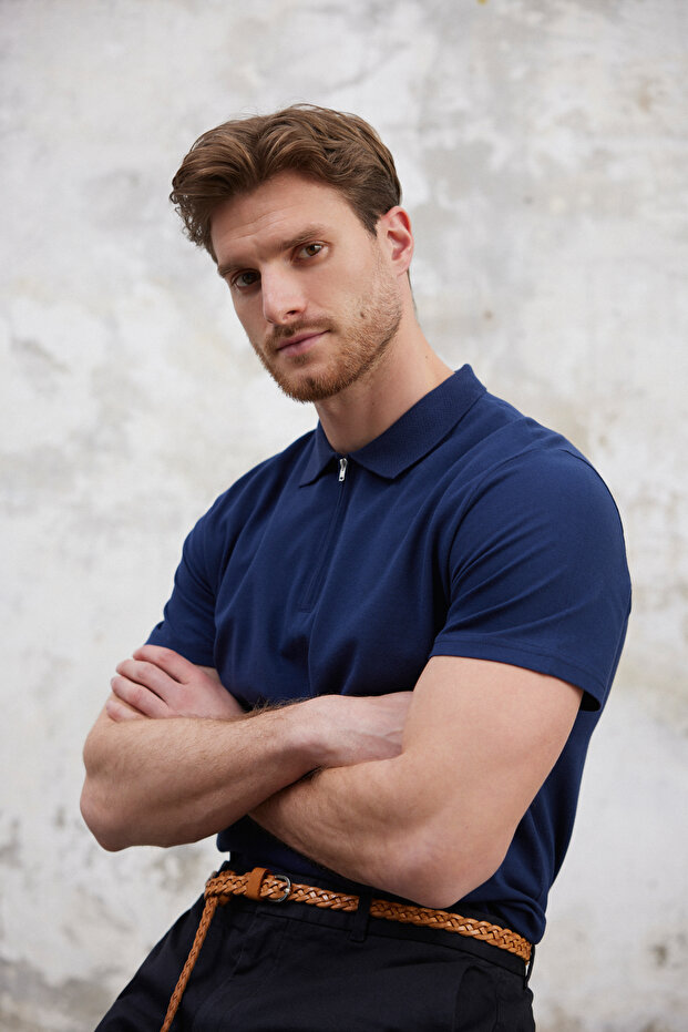 Lacivert Regular/Normal Kesim Fermuarlı %100 Pamuk Polo Yaka T-shirt TMNSS25PO00041 - 2