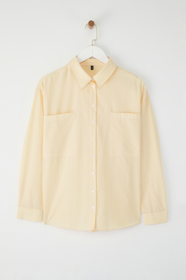 Sarı Çizgili Oversize Geniş Kalıp Dokuma Gömlek TWOAW23GO00359 - 5