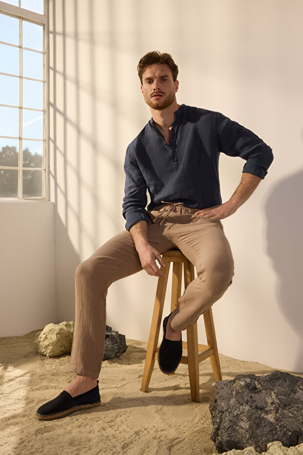 Bej %100 Keten Regular Fit Pantolon TMNSS24PL00018 - 1