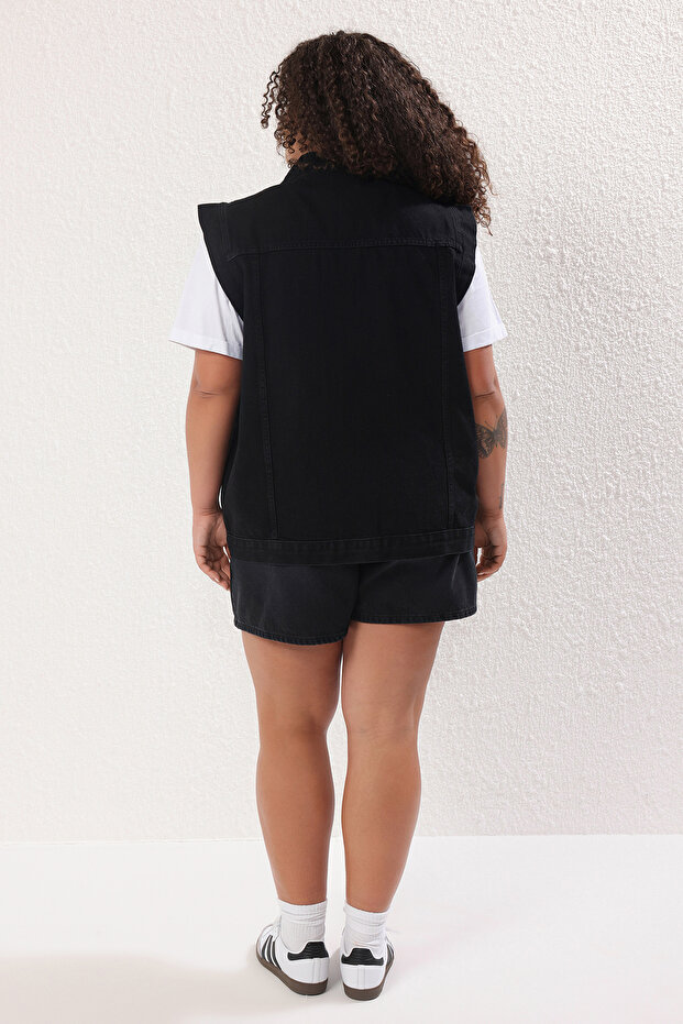 Siyah %100 Pamuk Non-Stretch Oversize/Genim Kalıp Büyük Beden Denim Yelek TBBSS24BH00004 - 4