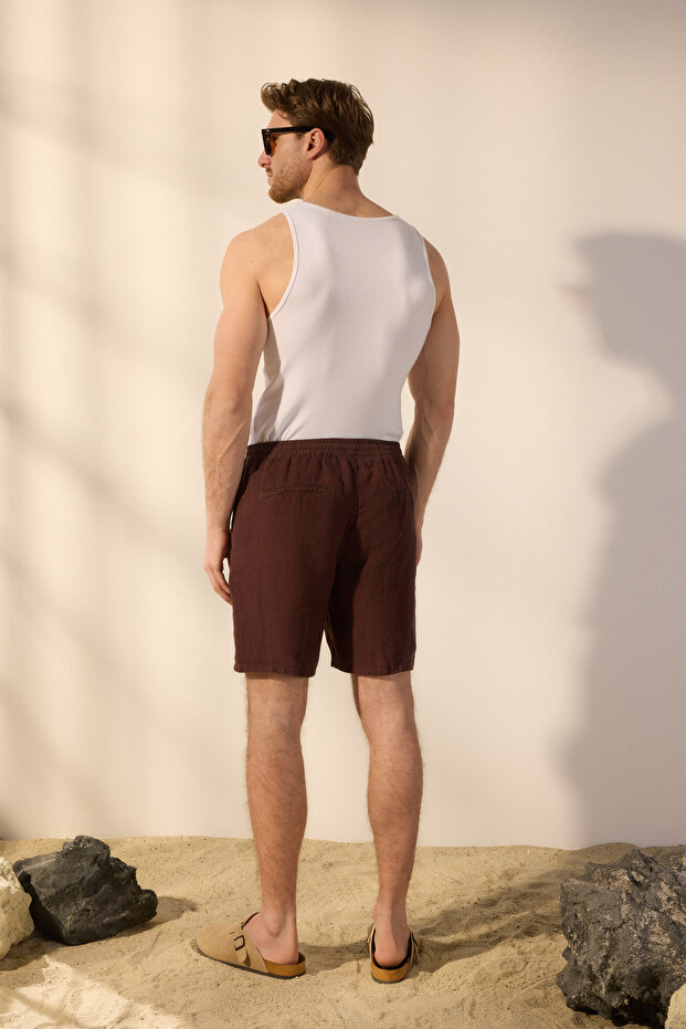 Kahverengi Limited Edition %100 Keten Regular Fit Şort & Bermuda TMNSS24SR00050 - 4