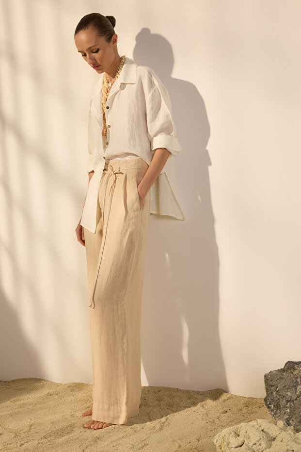 Bej %100 Keten Beli Bağlama Detaylı Yüksek Bel Wide Leg Pantolon TWOSS25JE00243 - 2