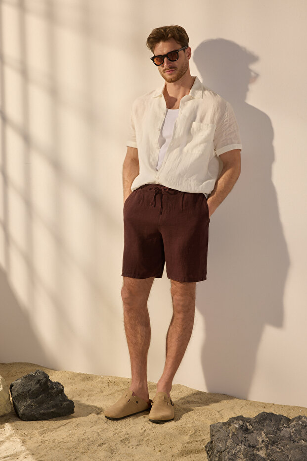 Kahverengi Limited Edition %100 Keten Regular Fit Şort & Bermuda TMNSS24SR00050 - 2