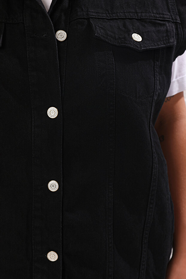 Siyah %100 Pamuk Non-Stretch Oversize/Genim Kalıp Büyük Beden Denim Yelek TBBSS24BH00004 - 3