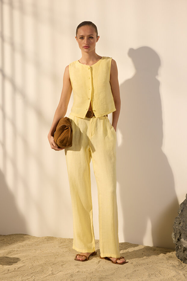 Sarı %100 Keten Pileli Yüksek Bel Wide Leg Pantolon TWOSS24JE00245 - 1
