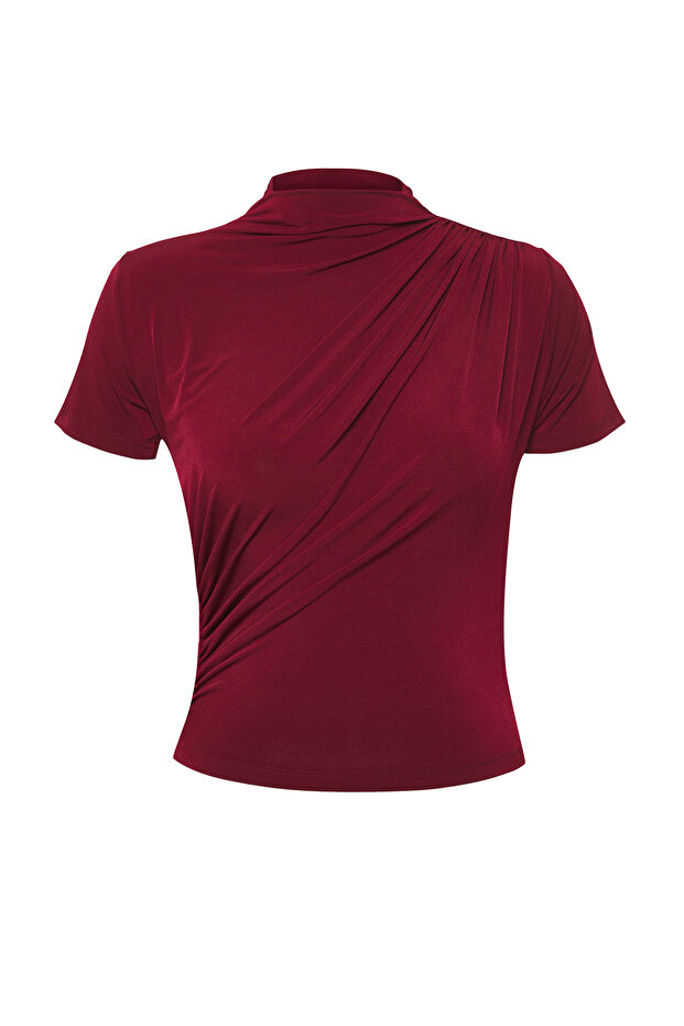 Bordo Drapeli Fitted/Vücuda Oturan Kısa Kollu Dik Yaka Esnek Örme Bluz TWOSS24BZ00426 - 5