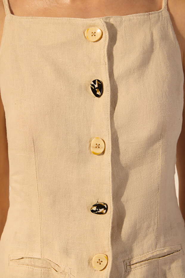 Bej %100 Keten Düğme Detaylı Fitted Yelek TWOSS25YE00099 - 3