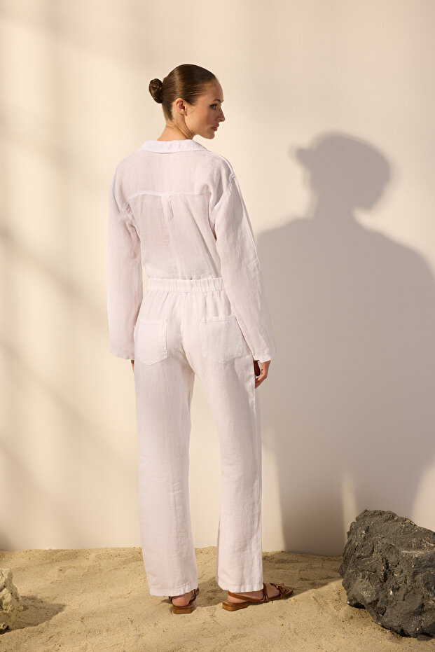 Beyaz %100 Keten Cep Detaylı Yüksek Bel Wide Leg Pantolon TWOSS24JE00247 - 4