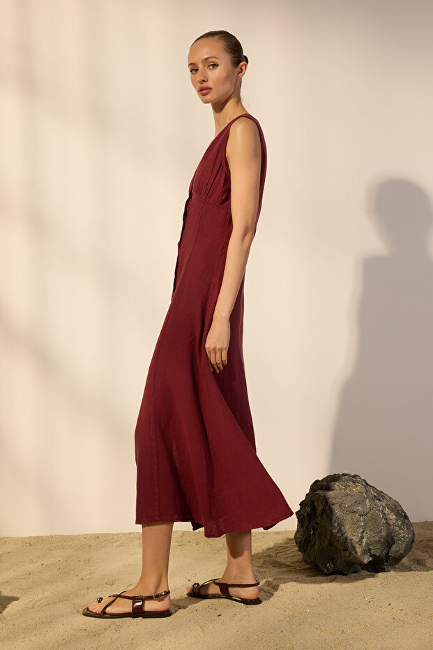 Bordo %100 Keten Midi Düğme Detaylı V Yaka Elbise TWOSS25EL00635 - 2