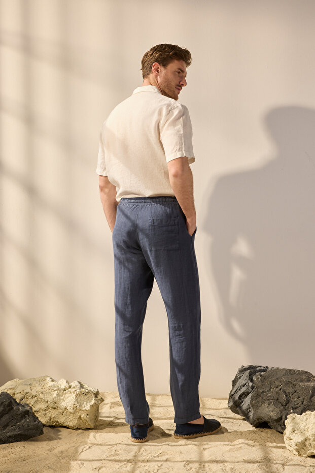 Lacivert %100 Keten Regular Fit Pantolon TMNSS24PL00018 - 6