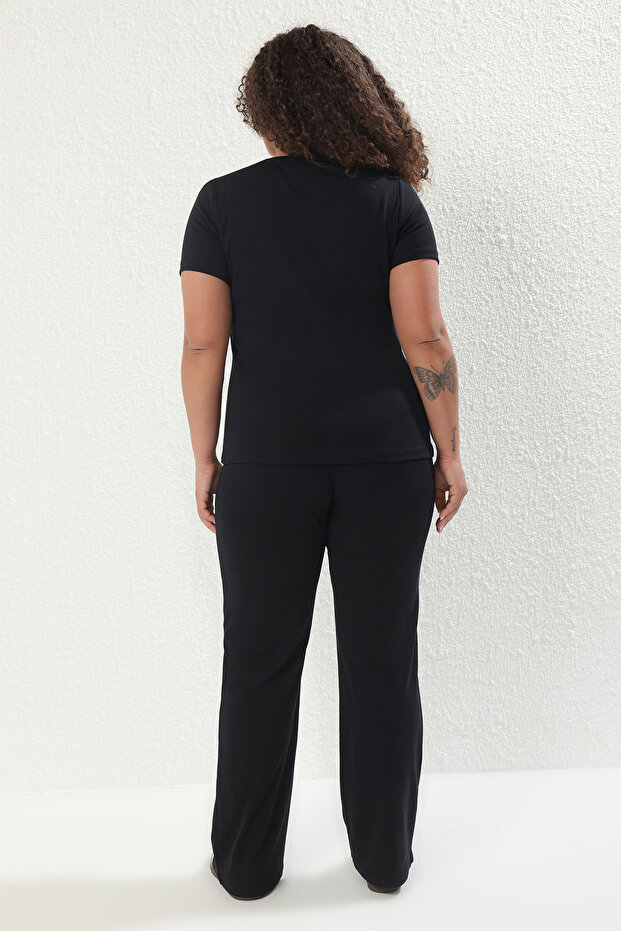 Siyah Fitted/Vücuda Oturan Fitilli Esnek Örme Alt-Üst Takım TBBSS25CP00024 - 4