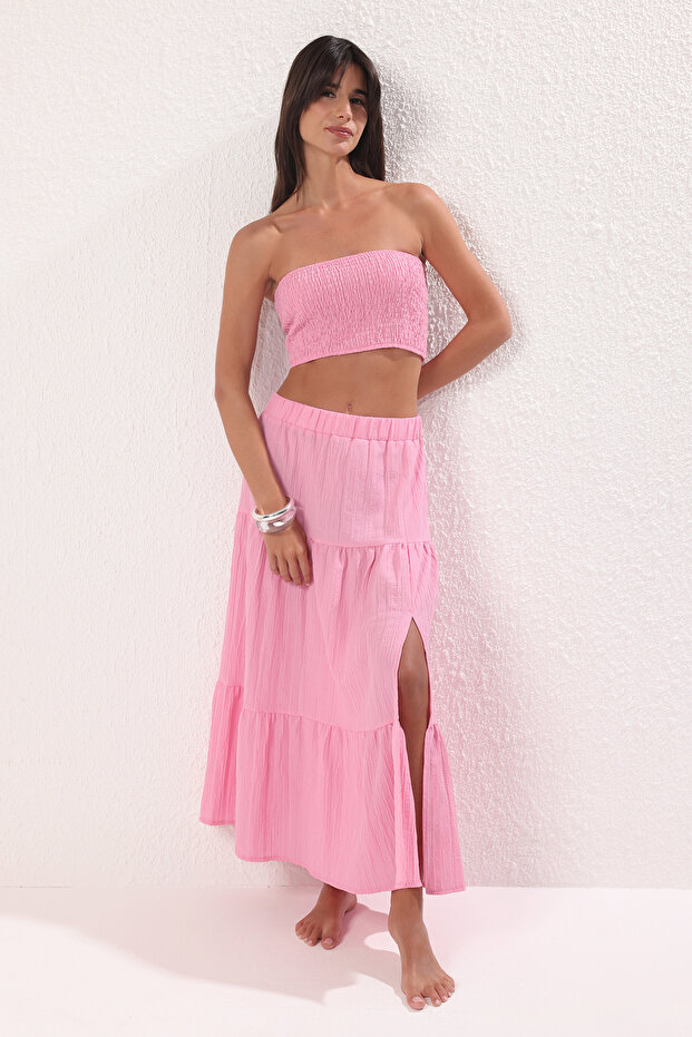 Pembe Dokuma Gipeli Plaj Bluz-Etek Takım TBESS25AU00045 - 1
