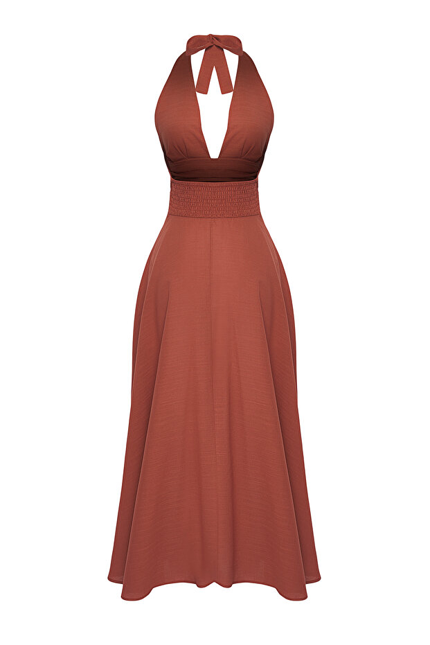 Kahverengi Dokuma %100 Pamuk Maxi Plaj Elbise TBESS25EL00129 - 6