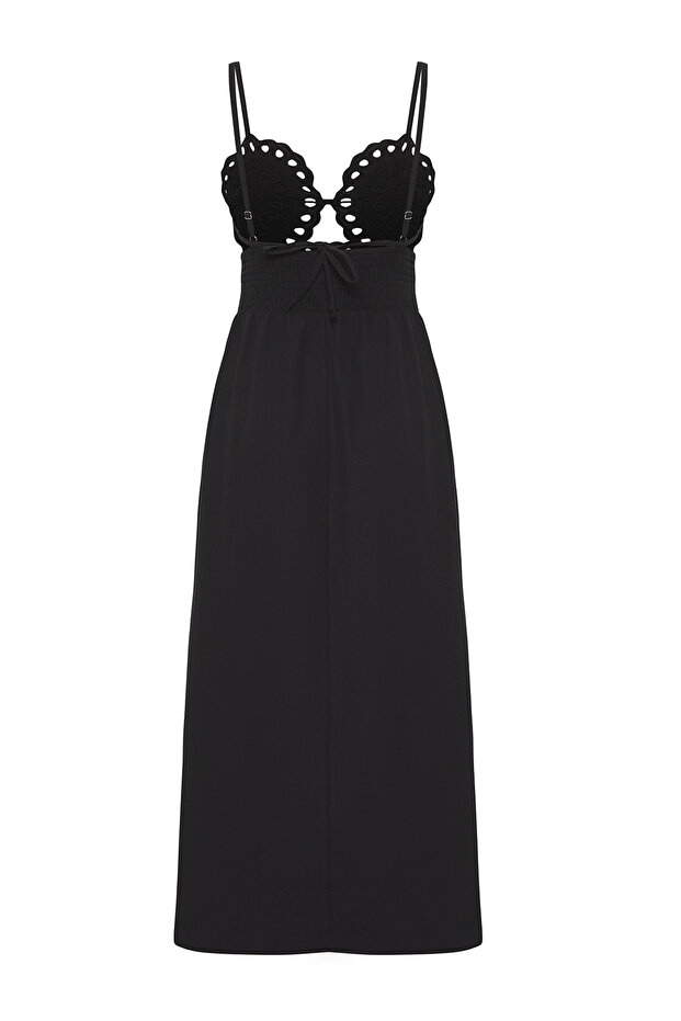 Siyah Dokuma Dantel Maxi Plaj Elbise TBESS25EL00058 - 6
