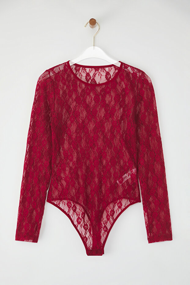Bordo Dantel Ajurlu/Delikli Kapsız Çıtçıtlı Uzun Kollu Örme Body THMAW25BD00001 - 5