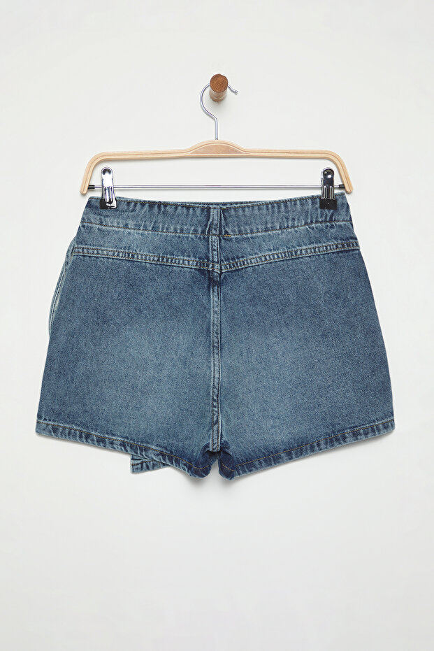 Mavi Kruvaze Bağlama Detaylı Normal Bel Denim Şort Etek TWOSS25SR00182 - 7