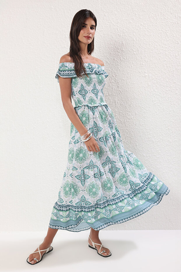 Yeşil Çiçekli A Kesim Gipe Detaylı Maxi Dokuma Elbise TWOSS25EL00195 - 2