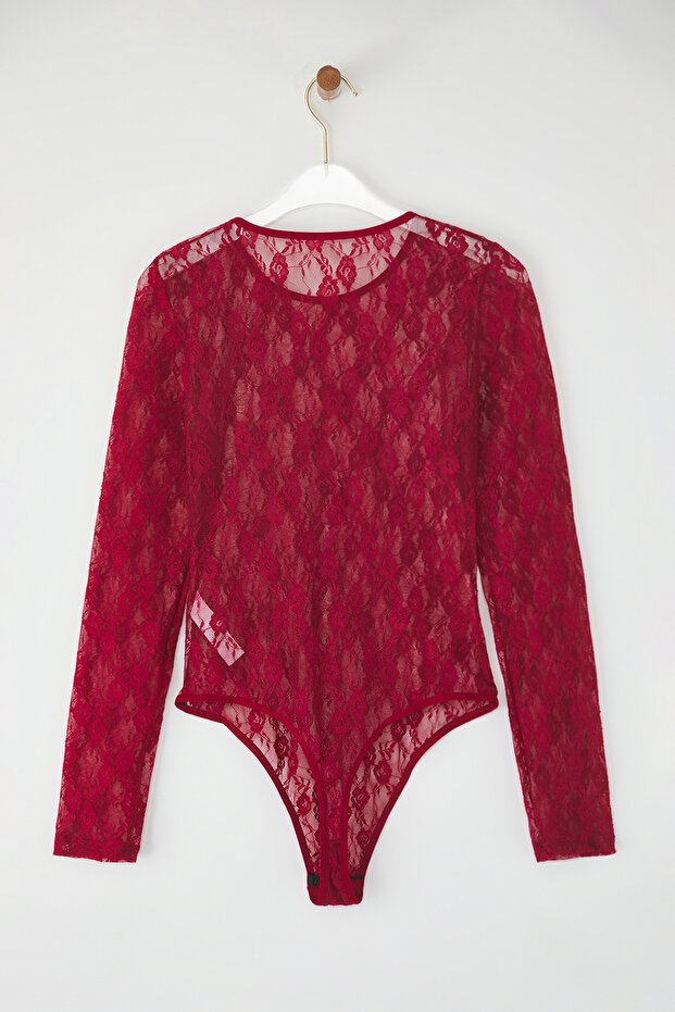 Bordo Dantel Ajurlu/Delikli Kapsız Çıtçıtlı Uzun Kollu Örme Body THMAW25BD00001 - 6