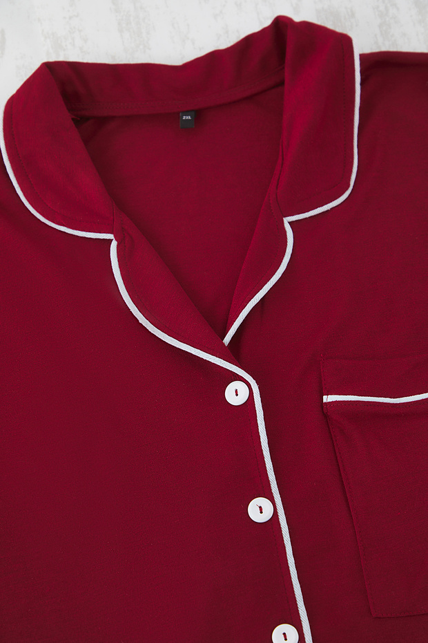 Bordo Gömlek Yaka Biyeli Viskon Şortlu Örme Pijama Takımı TBBSS25AI00095 - 7