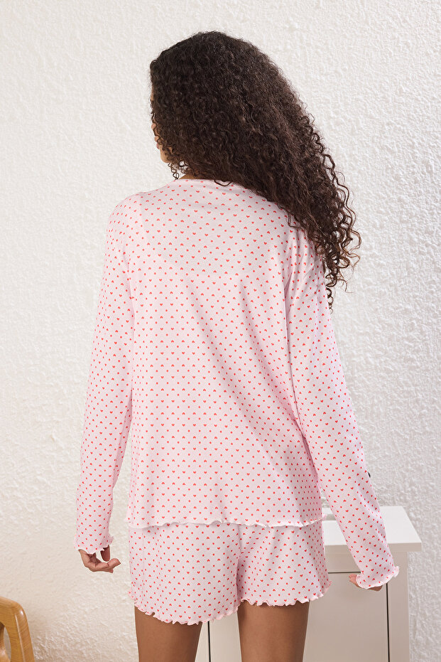 Pembe 3'lü Kalpli ve Puantiyeli Fitilli Şortlu Örme Pijama Takımı THMSS25PT00003 - 4