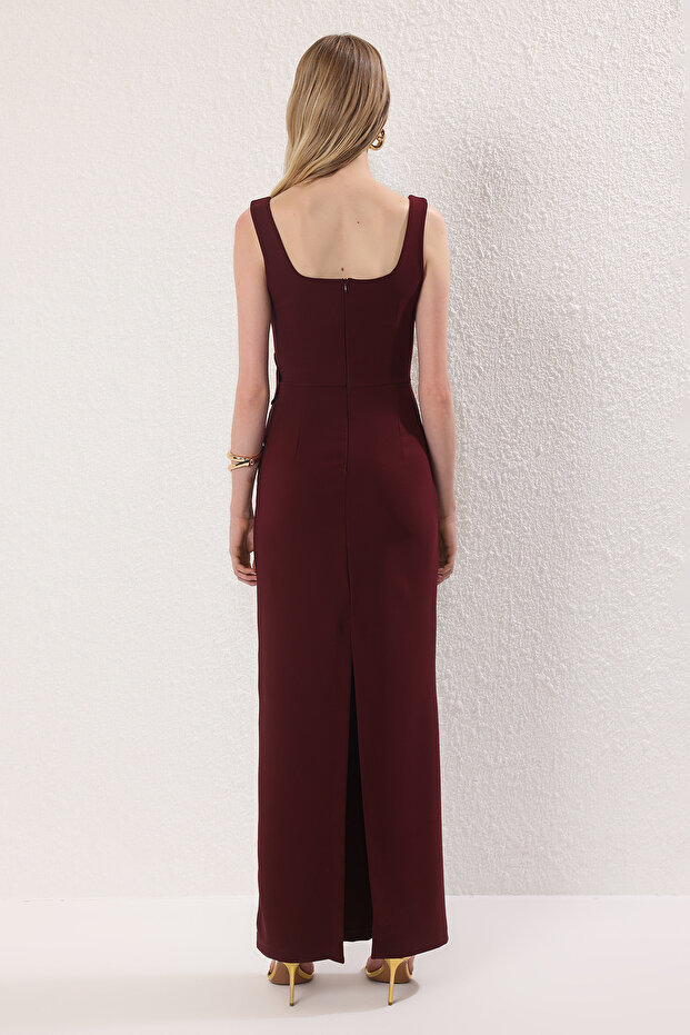Bordo Çiçek Aplike Detaylı Dokuma Maxi Abiye Gece Mezuniyet Elbisesi TPRSS25AE00177 - 4