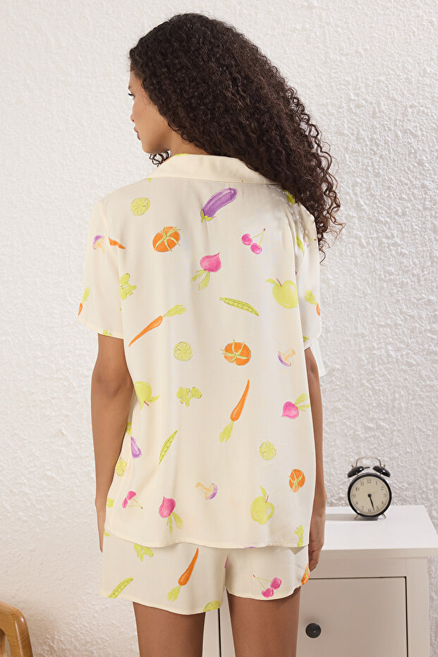 طقم بيجامة منسوجة من الفسكوز بنمط الخضار إكرو مع شورت THMSS25PT00271 - 5