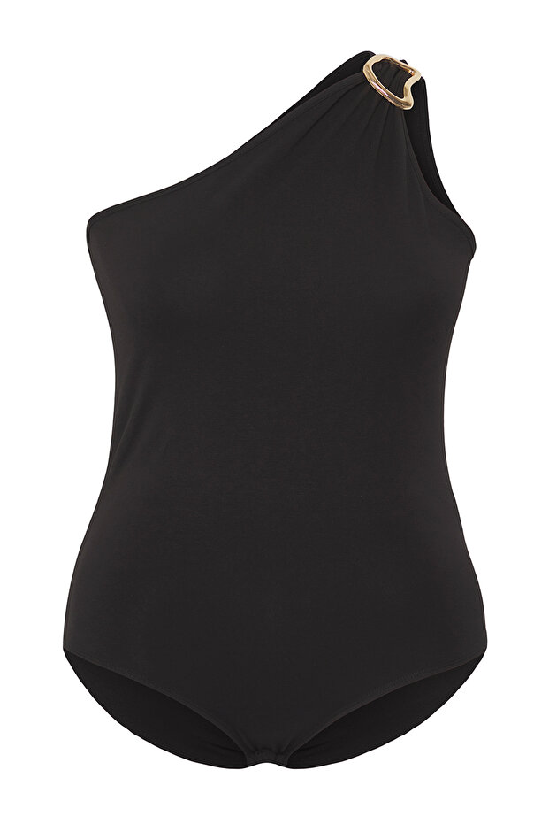 Siyah Aksesuar Detaylı Örme Büyük Beden Çıtçıtlı Body TBBSS25CS00004 - 5