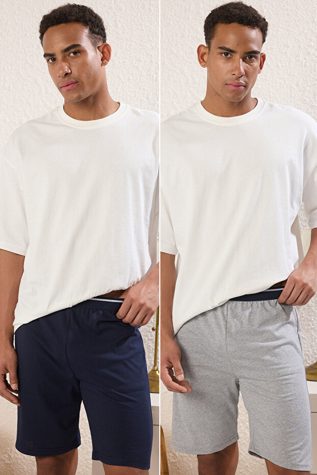 Lacivert- Gri Regular Fit 2'li Örme Şort TMNSS25SR00045 - 1