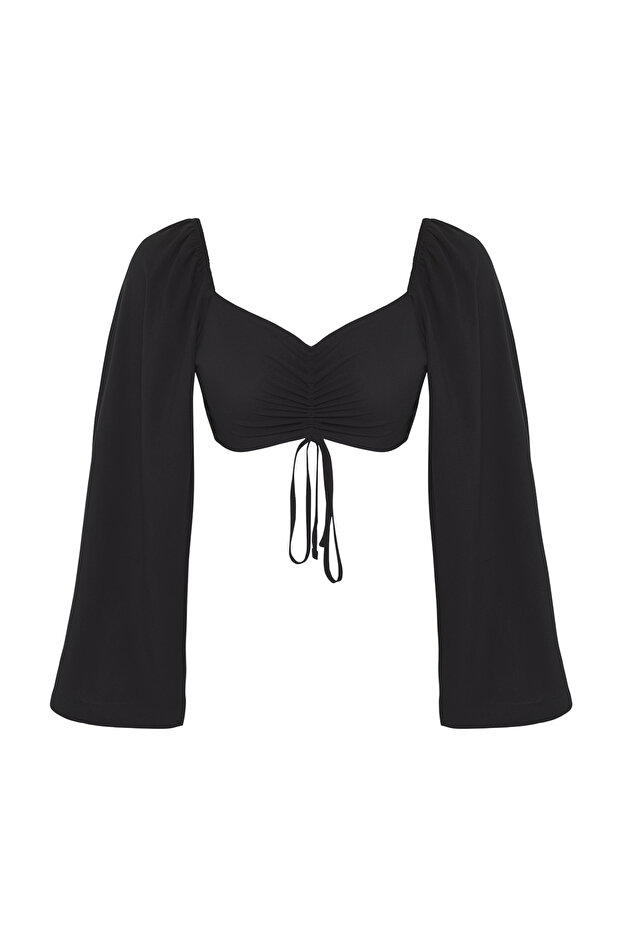 Siyah Dokuma Büzgülü Plaj Crop Bluz TBESS25BZ00015 - 5