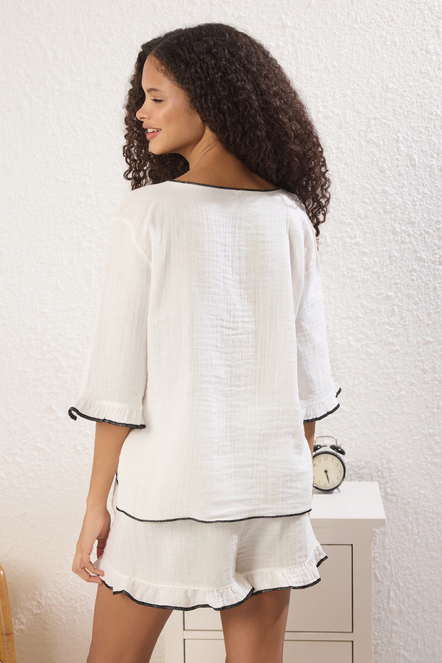 Beyaz %100 Pamuklu Bohem Bağlamalı/Fiyonklu Müslin Şortlu Dokuma Pijama Takımı THMSS25PT00422 - 4