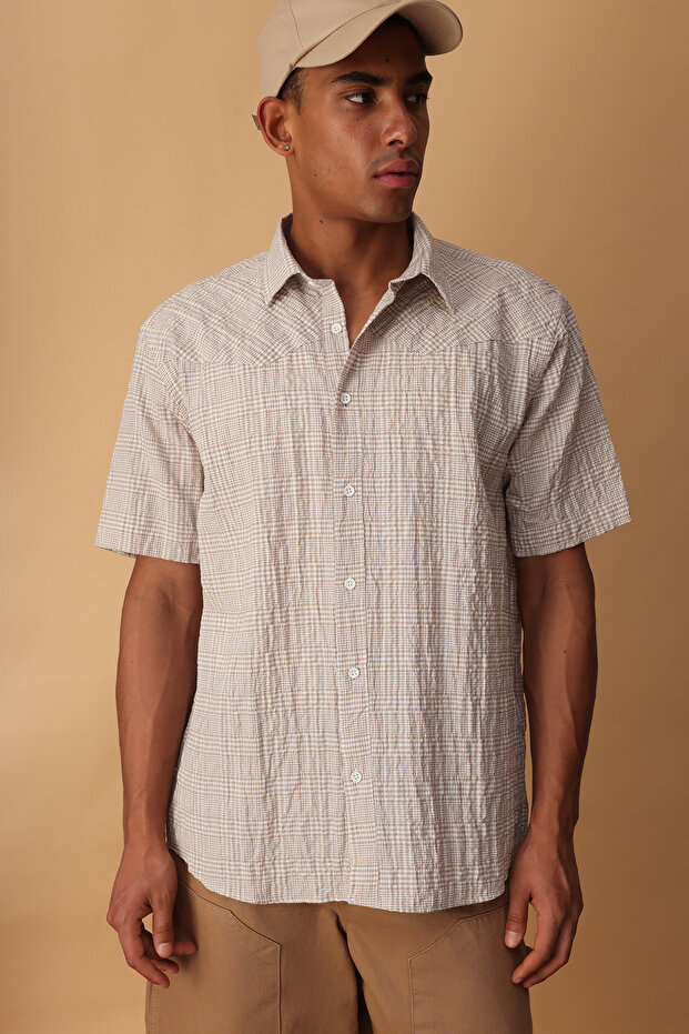 Bej Oversize Kareli Kırışık efektli Gömlek TMNSS25GO00047 - 2