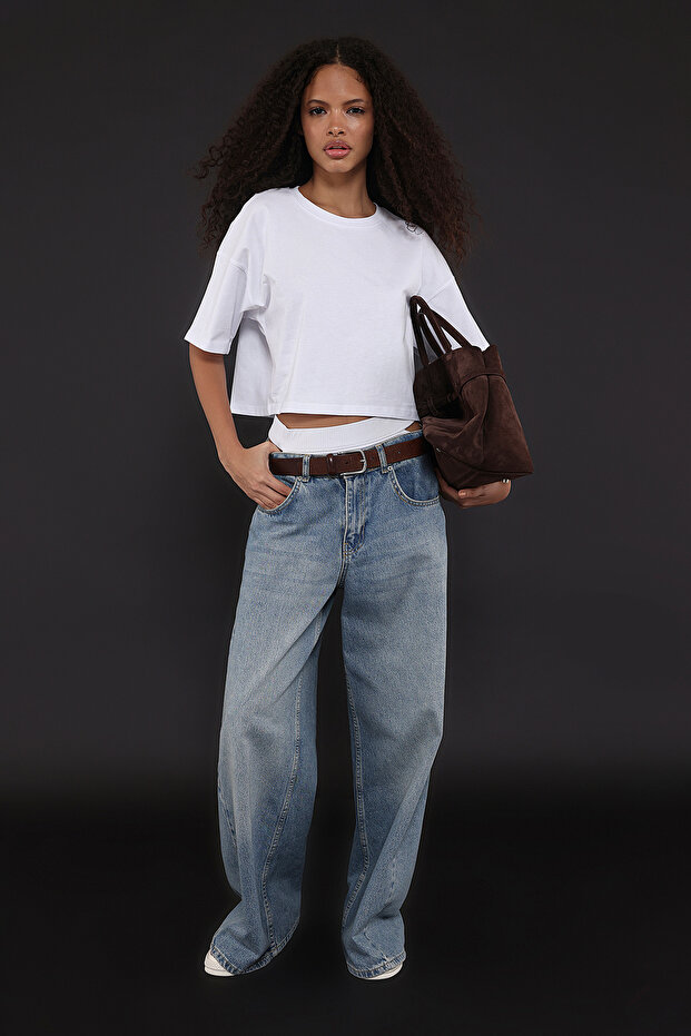 Beyaz %100 Kalın Pamuklu Crop Bisiklet Yaka Örme T-Shirt TWOSS23TS00038 - 1