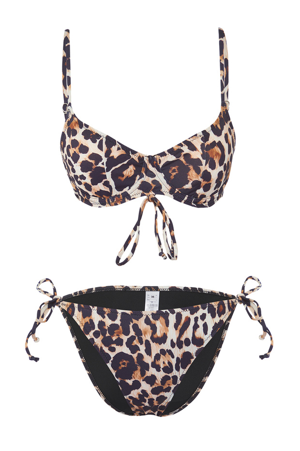 Leopar Desenli Bağlamalı Balconette Kaplı Regular Normal Bel Bikini Takımı TBESS25BT00043 - 5