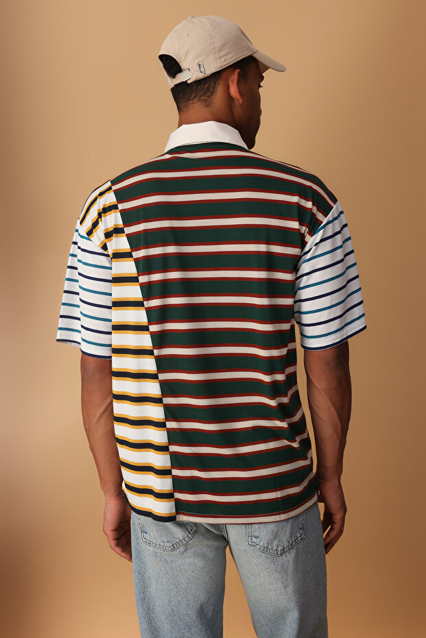 Çok Renki Oversize/Geniş Kesim Çizgili Polo Yaka T-shirt TMNSS25PO00038 - 4