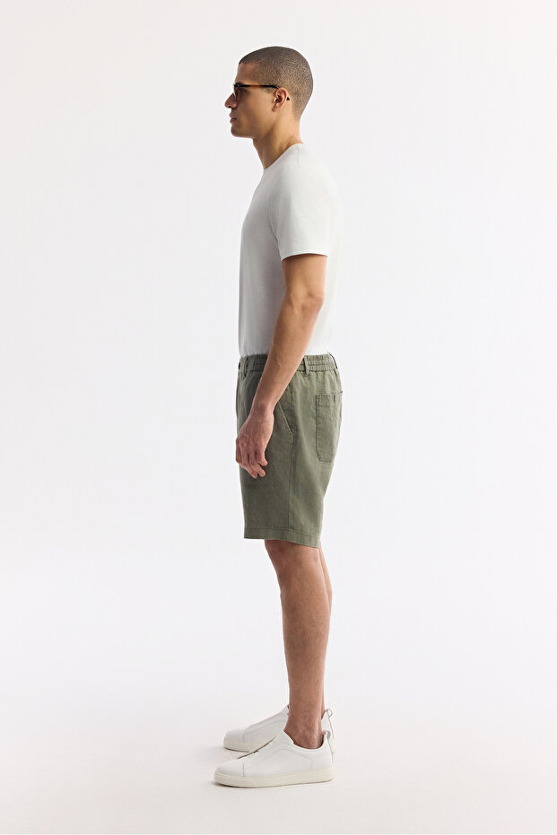 Erkek Haki Beli Lastikli %100 Keten Relaxed Fit Şort B003732 - 2