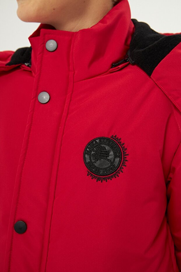 Boy's Red Fiber Detachable Hooded Windproof Winter Parka